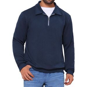 Quarter Zip Pullover Geometric Patterns Knitted Sweatshirts Dark Blue